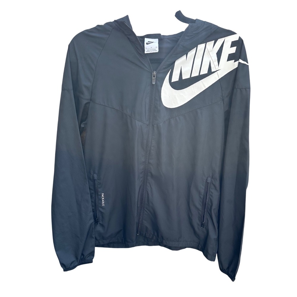 Nike Kids Sportswear Windrunner Packable Hooded Jacket Black White Logo XL